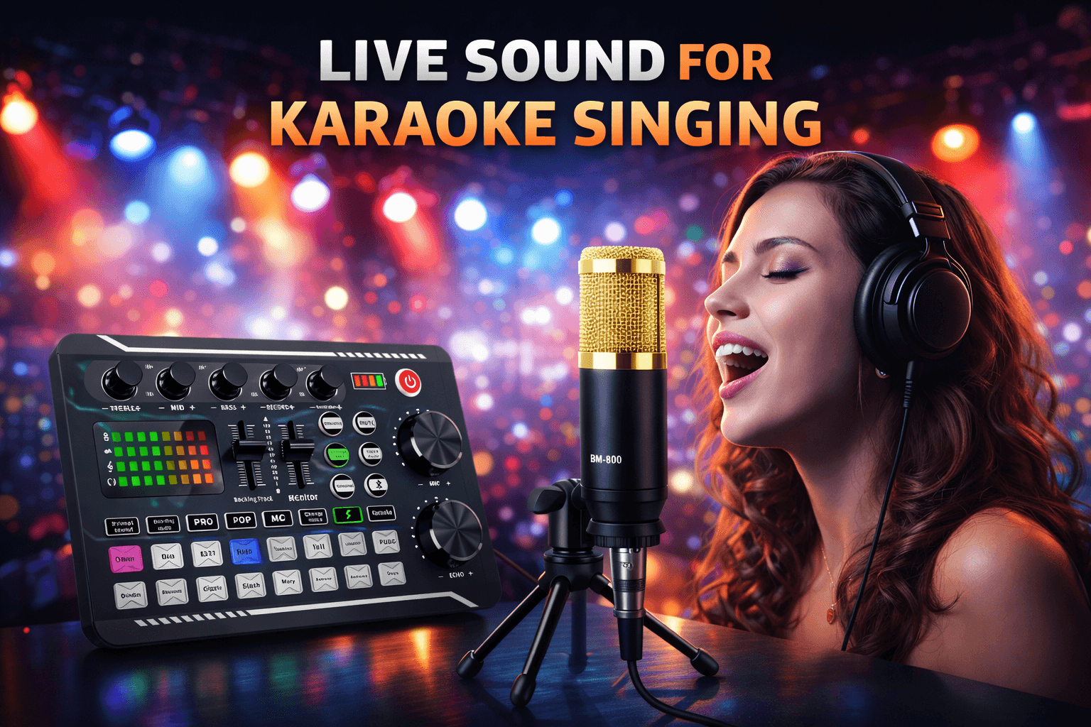 Beginner karaoke singing setup with microphone and sound card