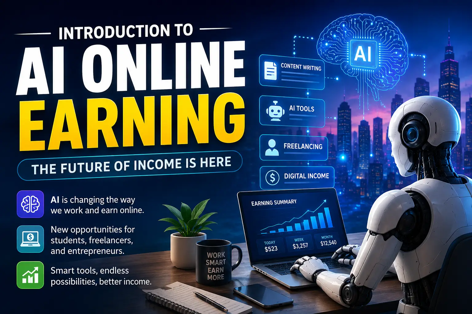 Futuristic AI online earning concept showing artificial intelligence tools freelancing blogging and digital income opportunities in 2026