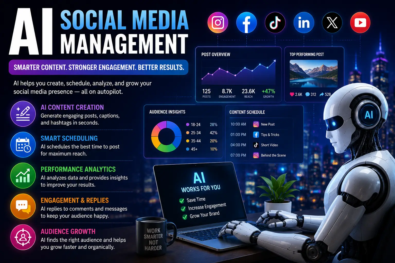 Social media dashboard infographic with content scheduling analytics and engagement tracking