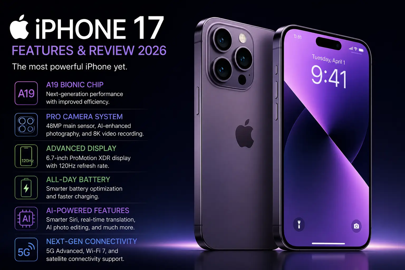 iPhone 17 features and review 2026 futuristic Apple smartphone design with AI-powered technology and advanced camera system