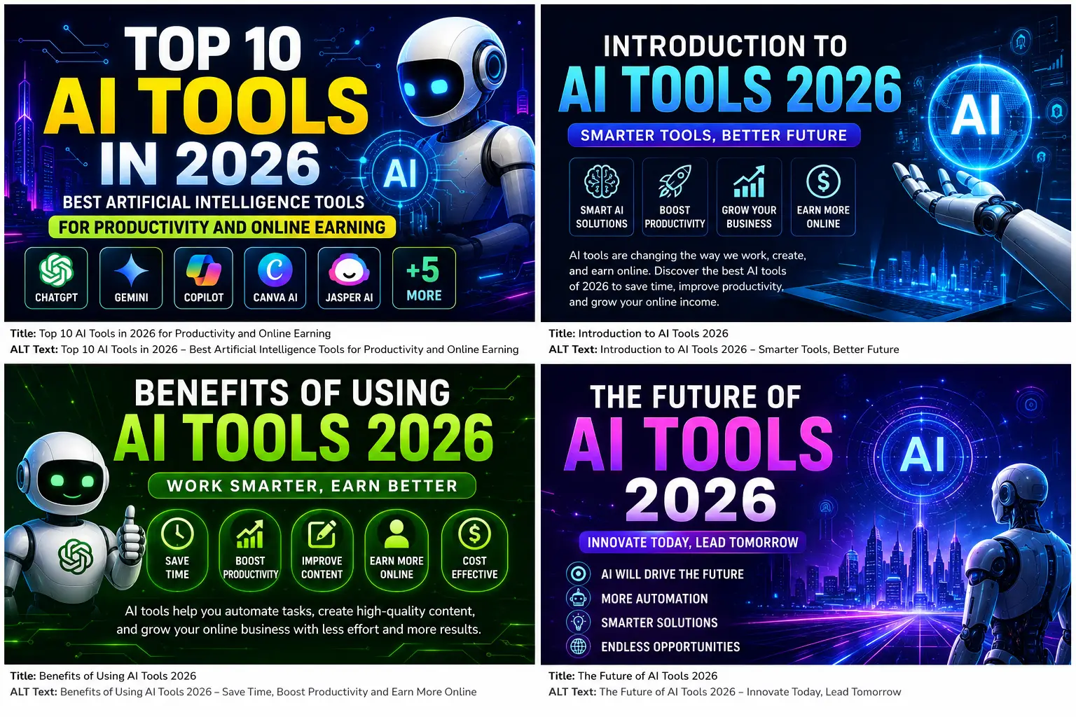 Top 10 AI tools in 2026 futuristic featured image for productivity and online earning