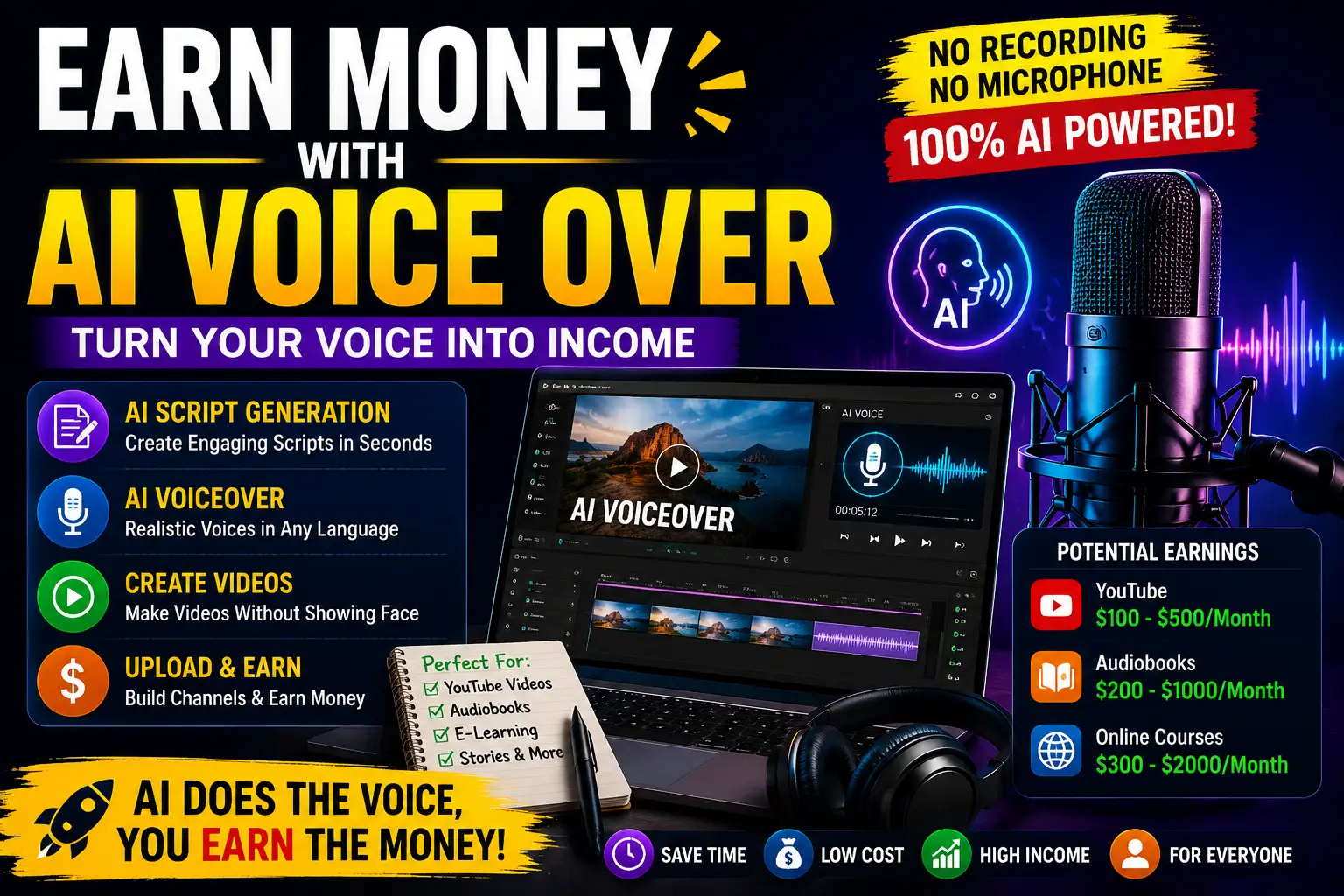 AI voiceover tools for earning money online through YouTube videos, audiobooks, podcasts, and digital content creation