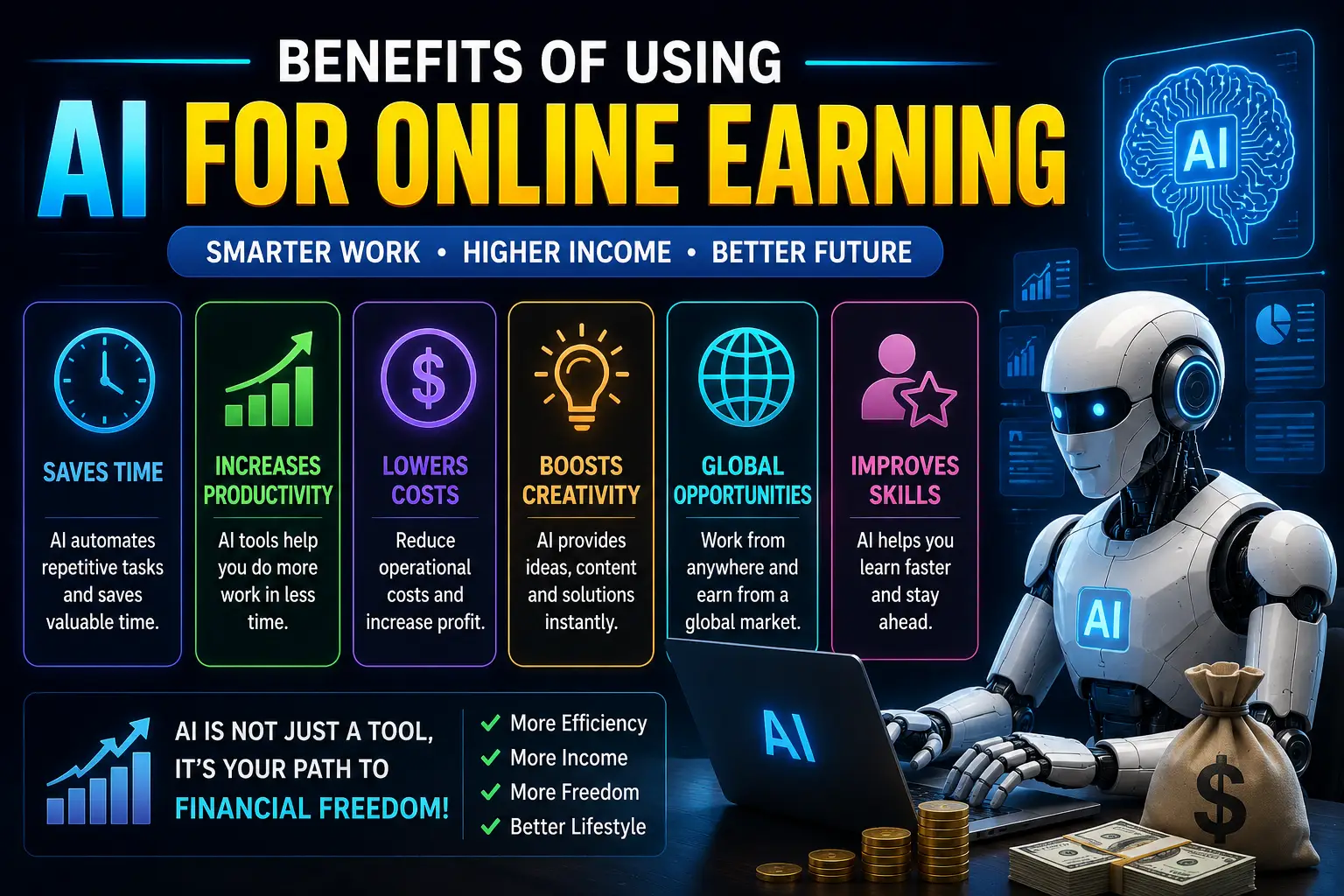 Futuristic infographic showing the benefits of using AI for online earning including productivity automation freelancing and digital income opportunities