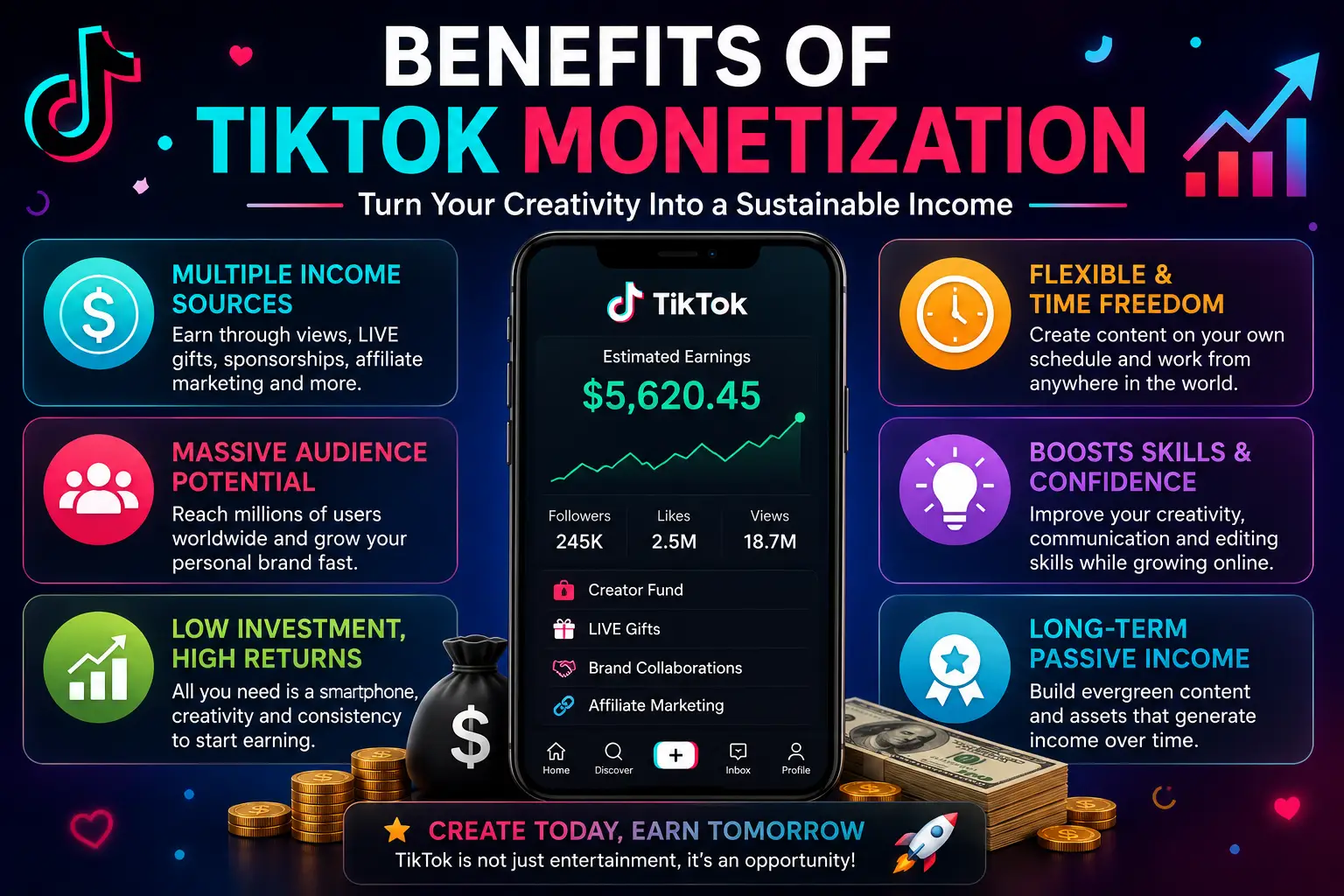 Benefits of TikTok monetization including passive income, audience growth, and online earning opportunities