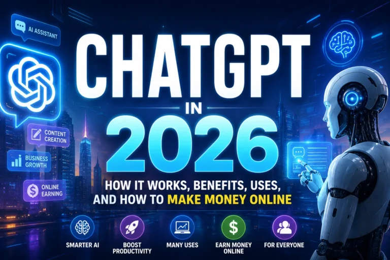 Futuristic ChatGPT in 2026 AI technology image with online earning productivity and smart digital assistant concept