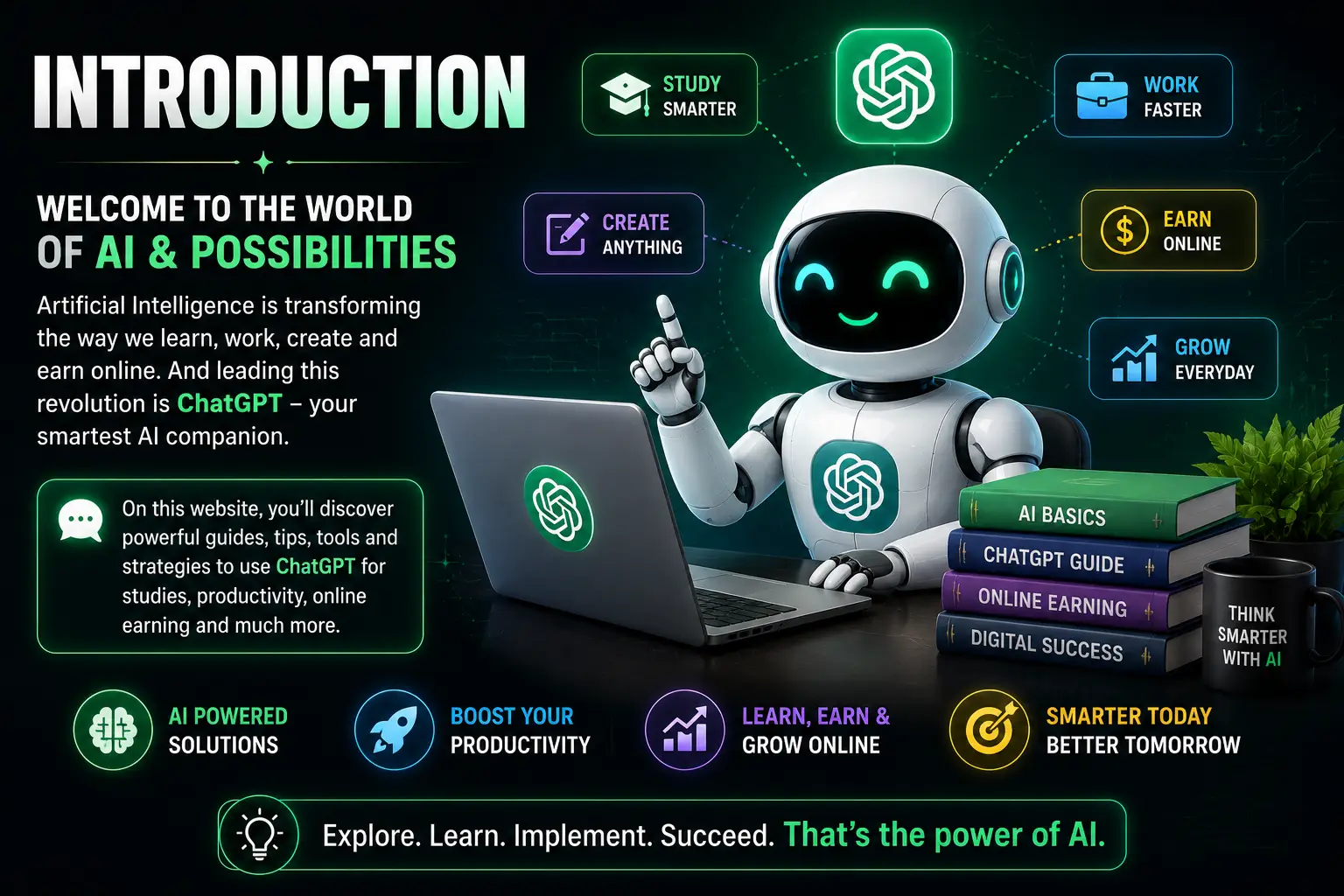 Futuristic ChatGPT introduction image showing AI productivity online earning learning and smart digital technology in 2026