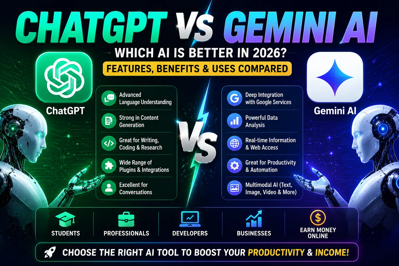 Futuristic ChatGPT vs Gemini AI comparison image showing AI features benefits productivity and online earning tools in 2026 