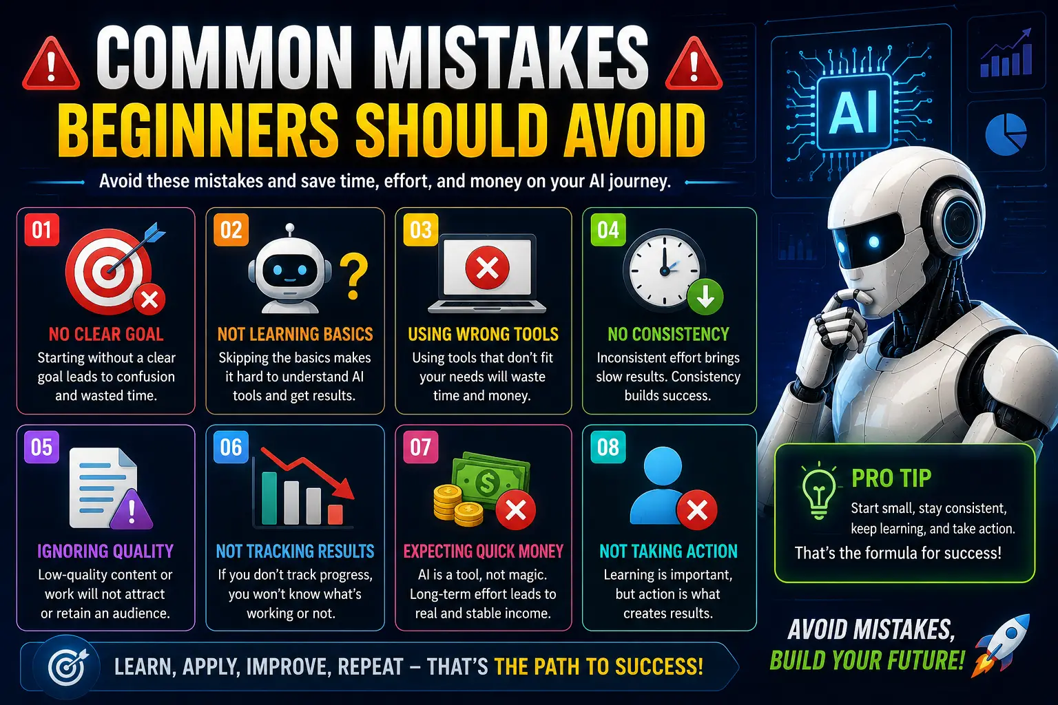 Futuristic infographic showing common mistakes beginners should avoid while using AI tools for online earning freelancing and digital business growth
