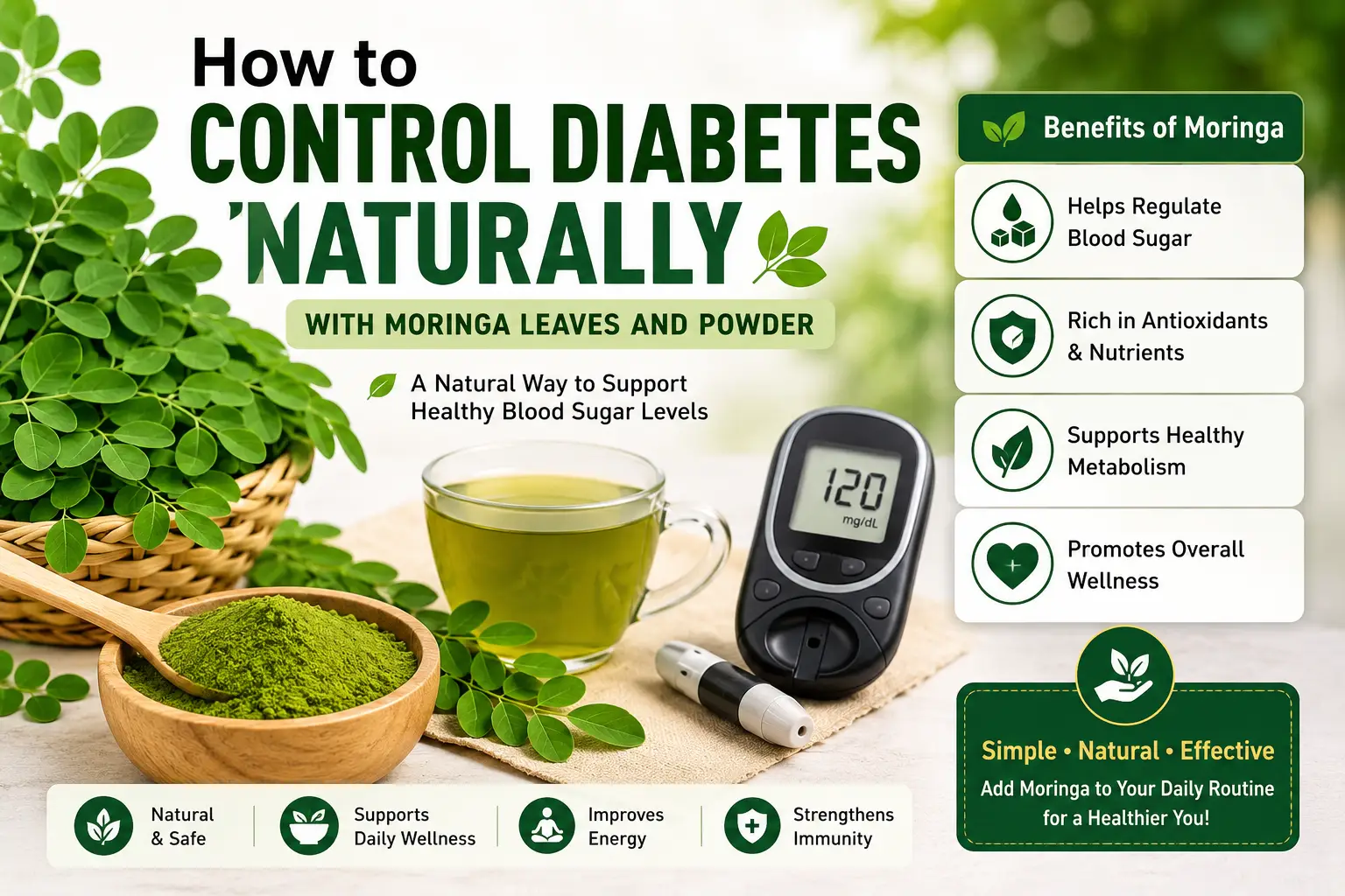 Moringa leaves and powder infographic showing natural wellness support healthy nutrition and balanced blood sugar management habits