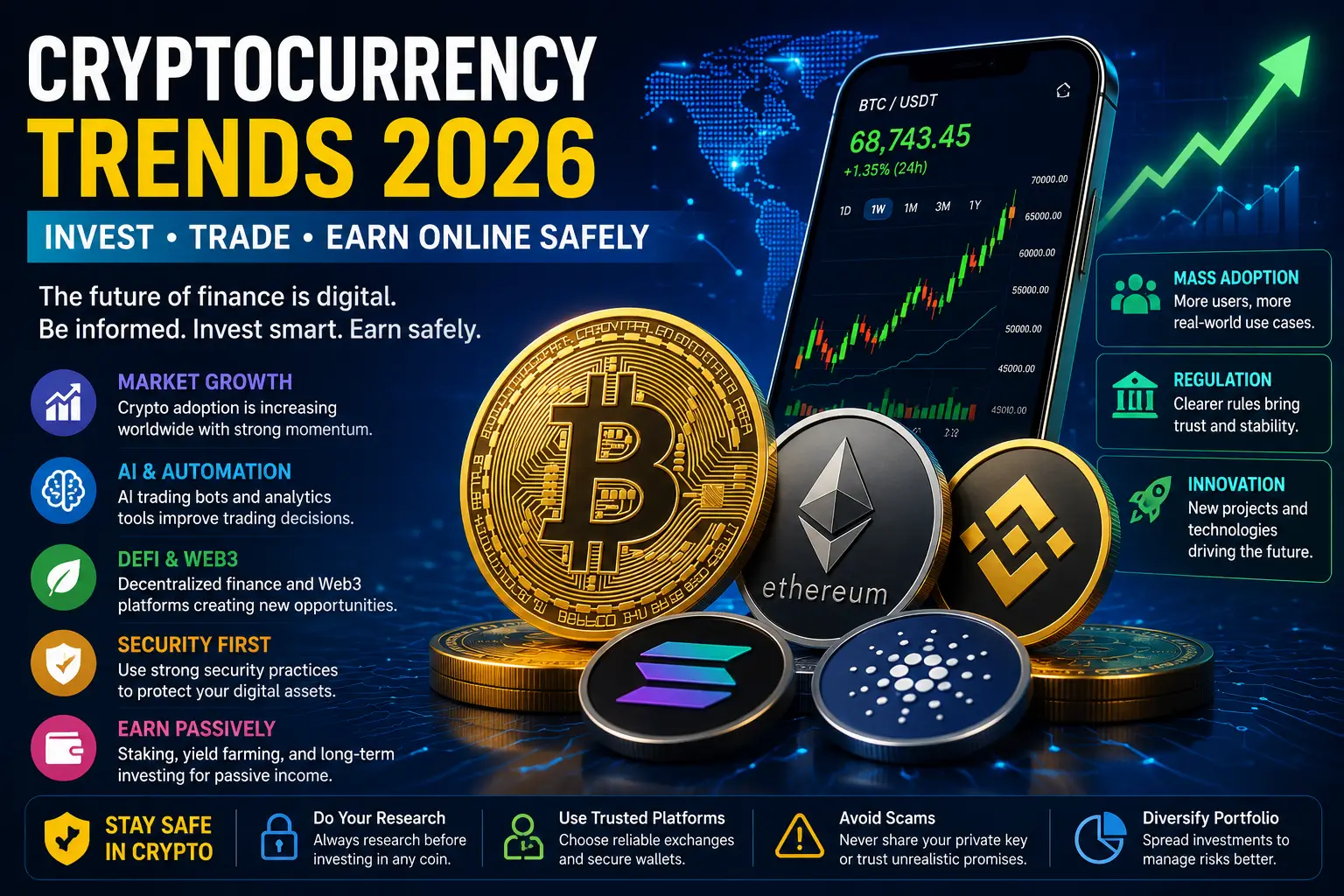 Digital growth of cryptocurrency trends 2026 featuring Bitcoin, Ethereum, AI trading, blockchain technology, and global crypto market growth