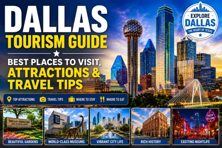 Dallas tourism guide showing skyline attractions hotels and travel experiences in Texas