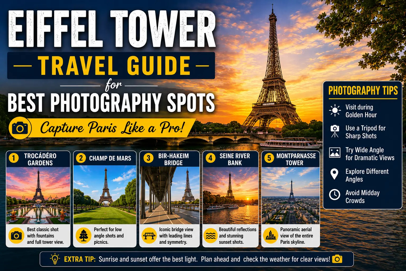 Eiffel Tower travel guide featuring Paris skyline, sunset view, and famous French landmark