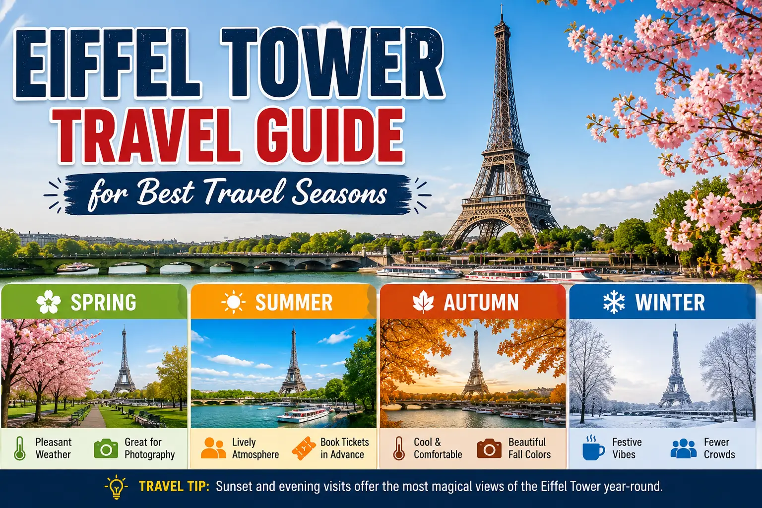 Eiffel Tower travel guide showing spring, summer, autumn, and winter travel seasons in Paris