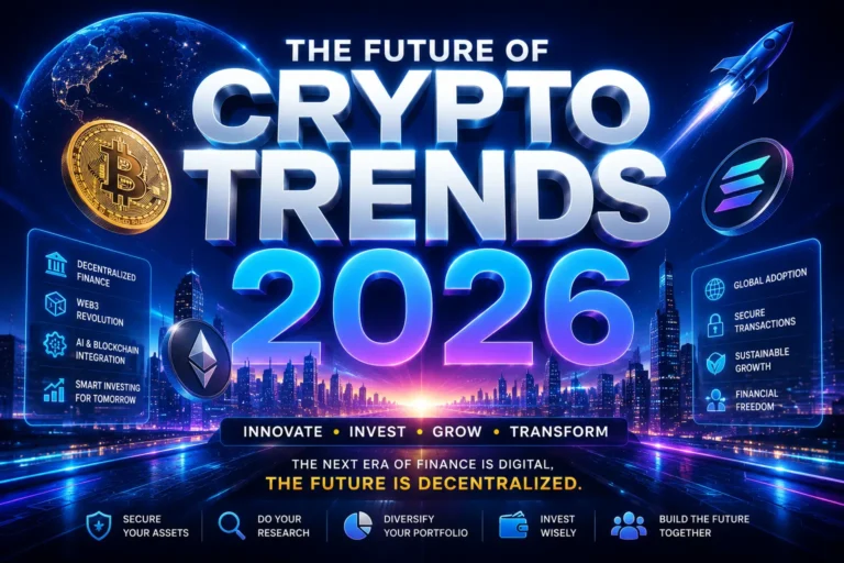 Future of cryptocurrency trends 2026 featuring Bitcoin, Ethereum, blockchain innovation, AI trading, and futuristic digital finance technology