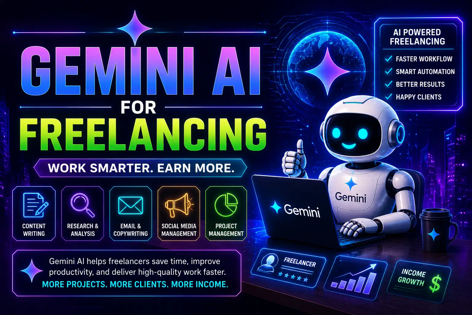 Futuristic Gemini AI freelancing image with AI automation content writing online work and digital income growth