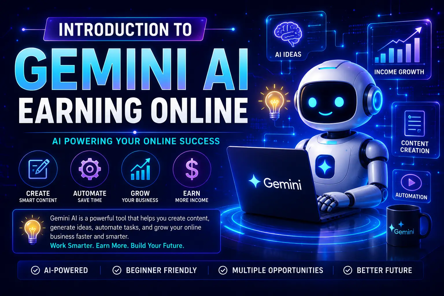 Futuristic Gemini AI earning online introduction image with AI robot digital business growth and automation technology