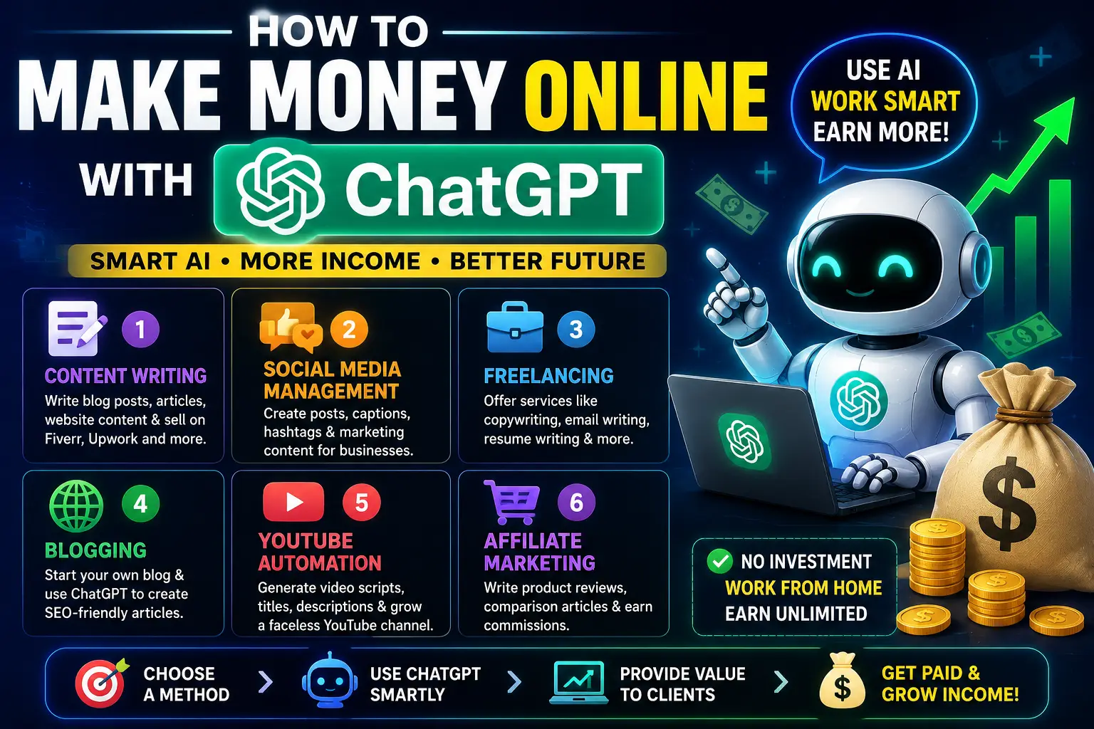 Futuristic ChatGPT online earning image showing freelancing blogging affiliate marketing and AI income methods in 2026