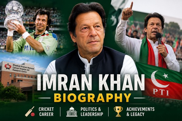Imran Khan biography image showing cricket career political journey and achievements