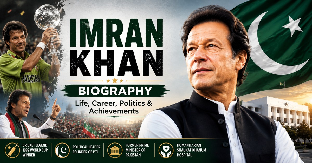 Imran Khan biography collage showing cricket politics and leadership journey