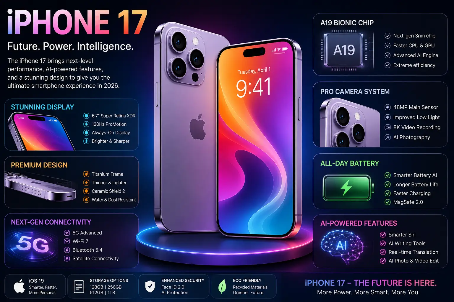 Futuristic iPhone 17 smartphone with AI-powered features premium design advanced camera and next-generation technology in 2026