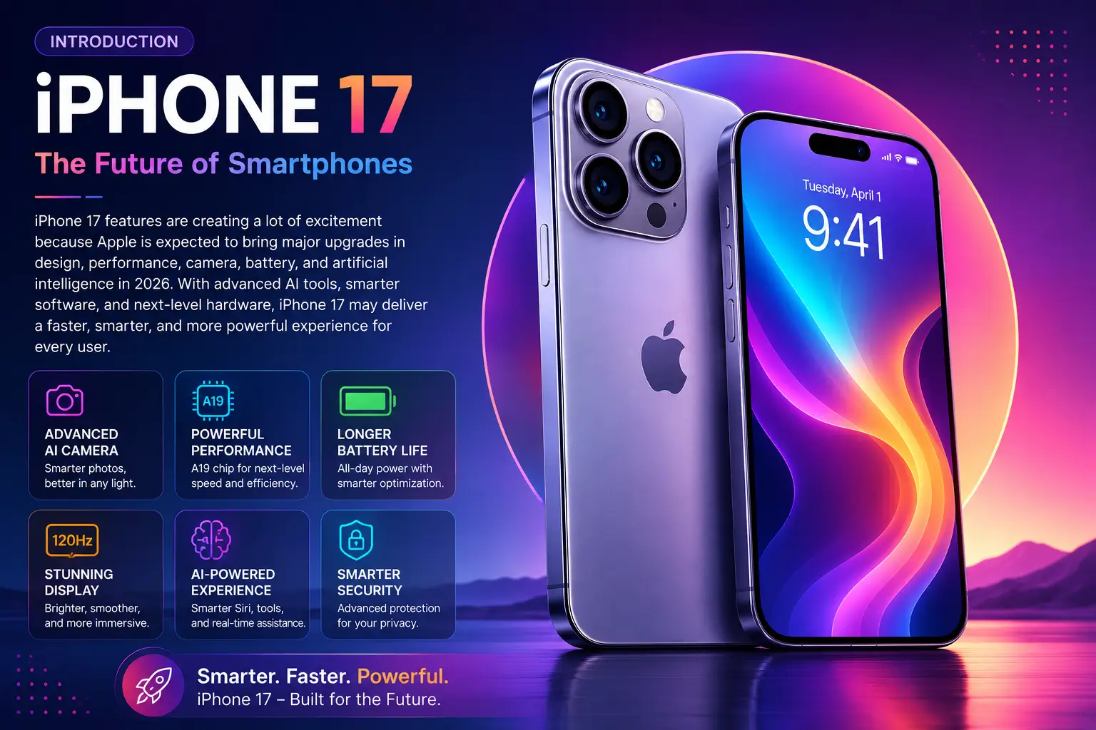Futuristic introduction image for iPhone 17 features with AI technology premium design and advanced smartphone innovation