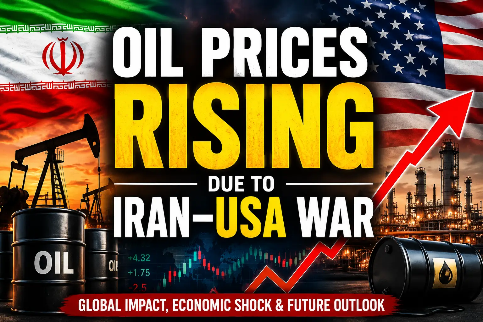 Global oil price crisis infographic showing Iran USA conflict rising fuel prices oil barrels and economic market impact