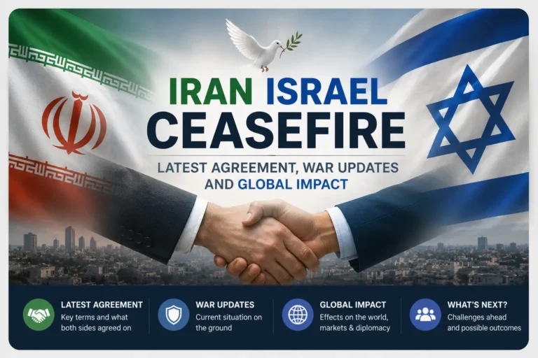 Modern news-style website card showing Iran and Israel ceasefire agreement with handshake, flags, peace dove, and global impact highlights