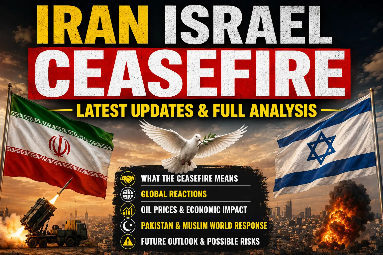 Digital news card illustrating Iran and Israel ceasefire talks with diplomatic handshake, national flags, and worldwide political impact coverage.