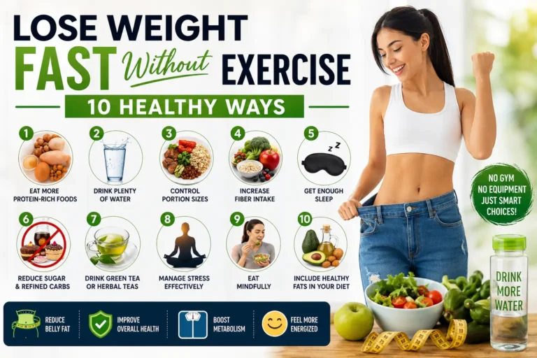 Healthy weight loss infographic showing ways to lose weight fast without exercise using hydration healthy foods sleep and balanced lifestyle habits