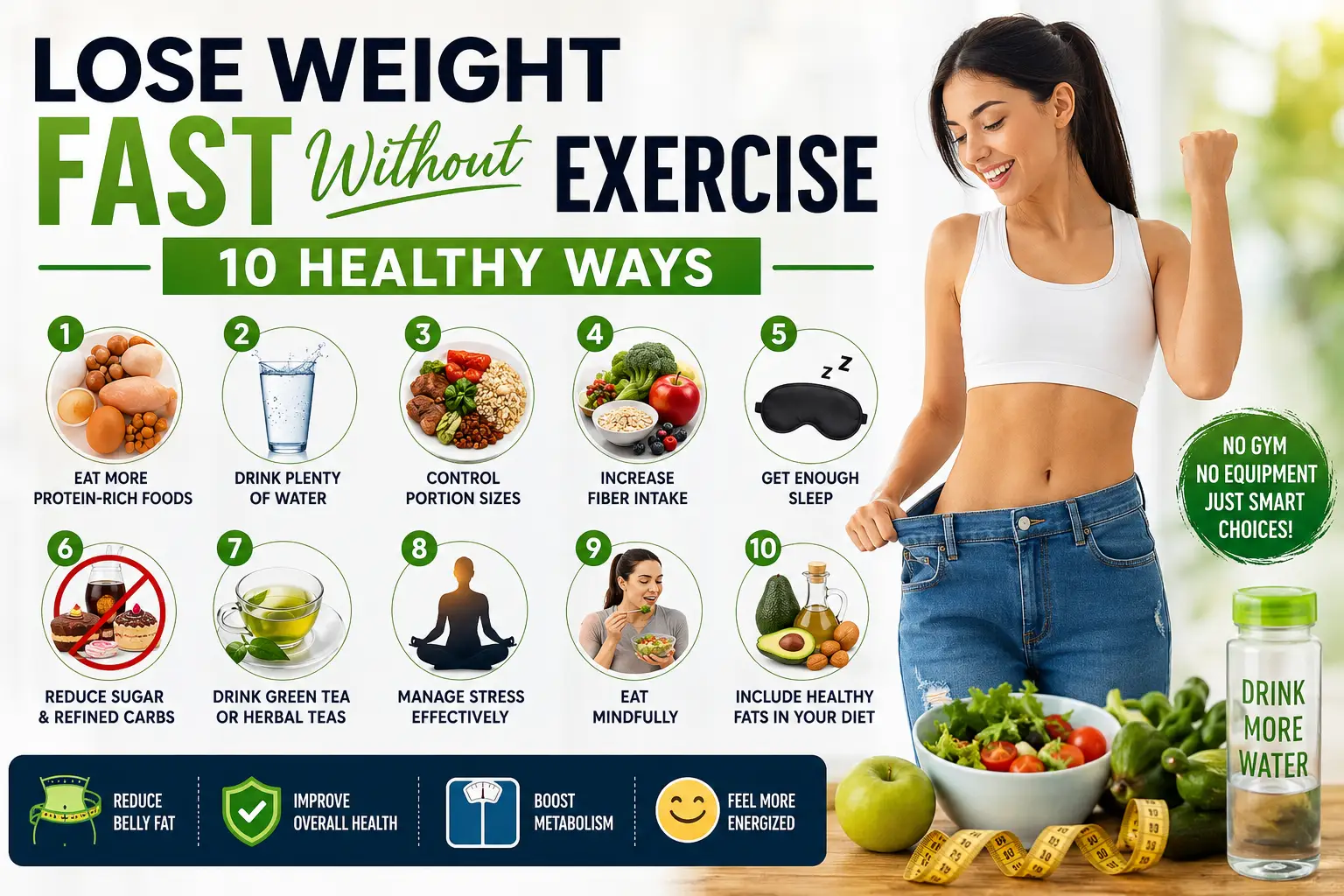 Healthy weight loss infographic showing ways to lose weight fast without exercise using hydration healthy foods sleep and balanced lifestyle habits