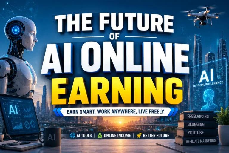 Futuristic AI online earning concept showing artificial intelligence tools freelancing blogging and digital income opportunities in 2026