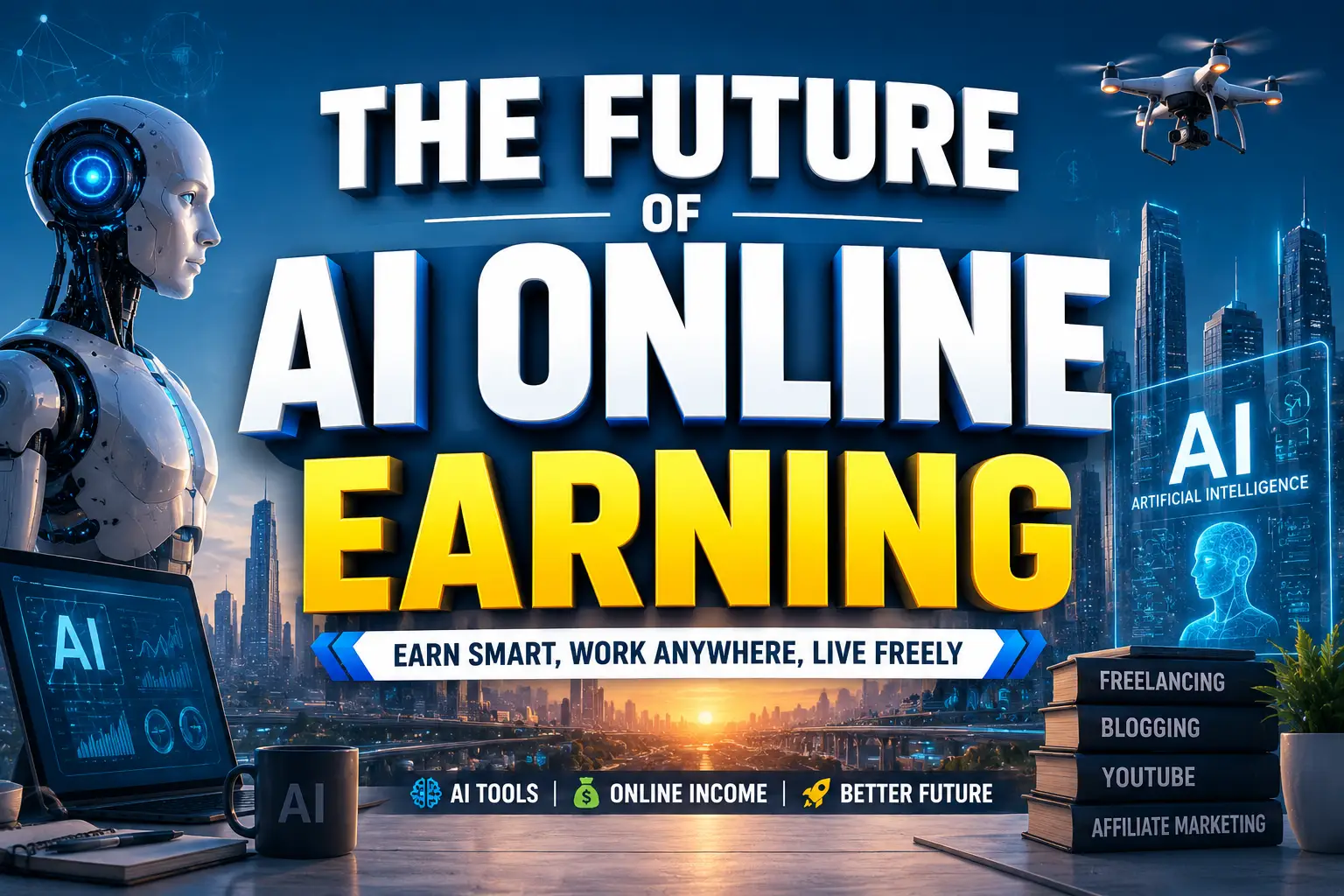 Futuristic AI online earning concept showing artificial intelligence tools freelancing blogging and digital income opportunities in 2026