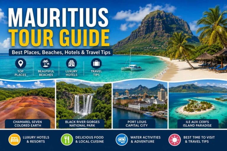 Mauritius tour guide showing tropical beaches luxury hotels island attractions and travel experiences in Mauritius