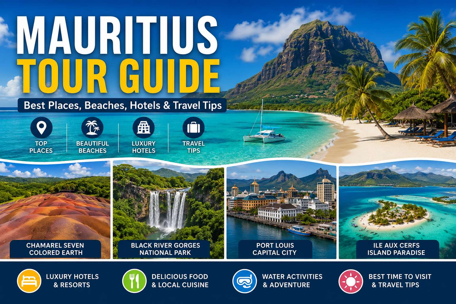 Mauritius tour guide showing tropical beaches luxury hotels island attractions and travel experiences in Mauritius