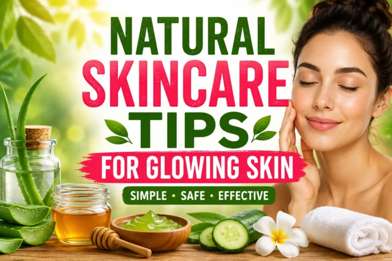 Natural skincare tips infographic showing glowing skin remedies with aloe vera honey cucumber and healthy beauty routine concepts