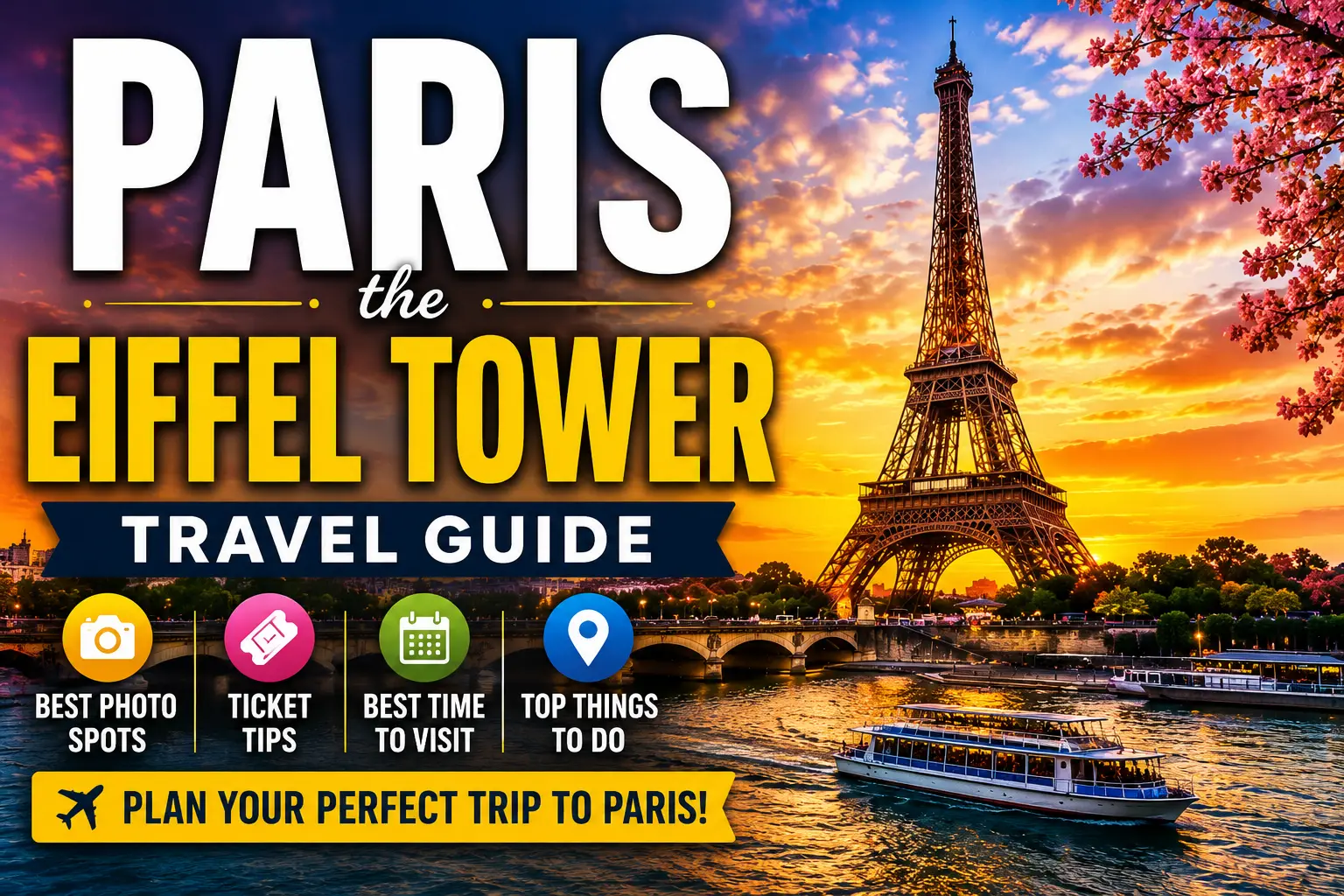 Paris Eiffel Tower travel guide featuring sunset skyline, Seine River, and famous French landmark with travel tips