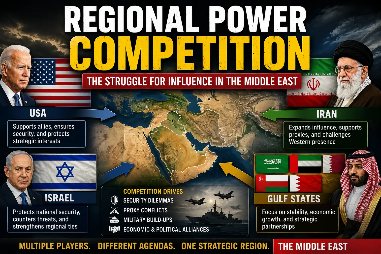 Infographic showing regional power competition between Iran, USA, Israel, and Gulf states in the Middle East.