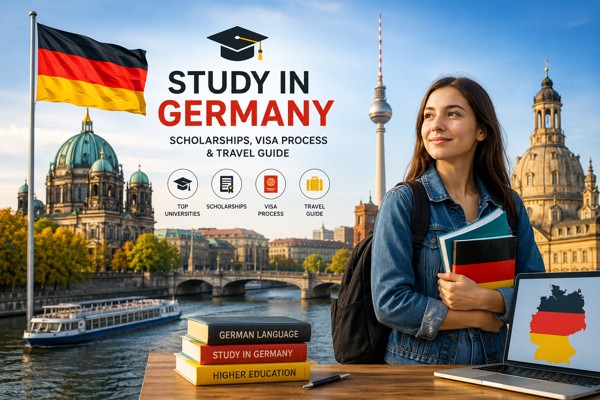 Study in Germany guide image showing scholarships visa process and international student opportunities