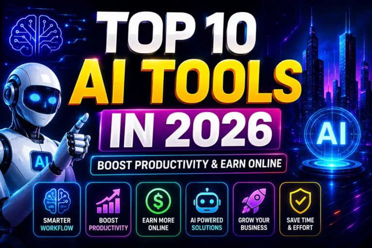 Top 10 AI tools in 2026 futuristic featured image for productivity and online earning blog article