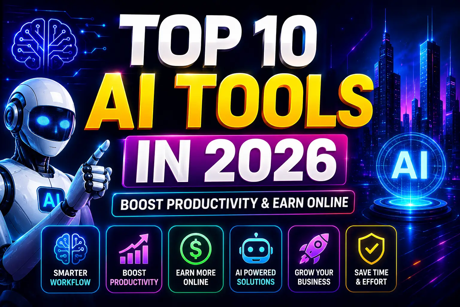 Top 10 AI tools in 2026 futuristic featured image for productivity and online earning blog article