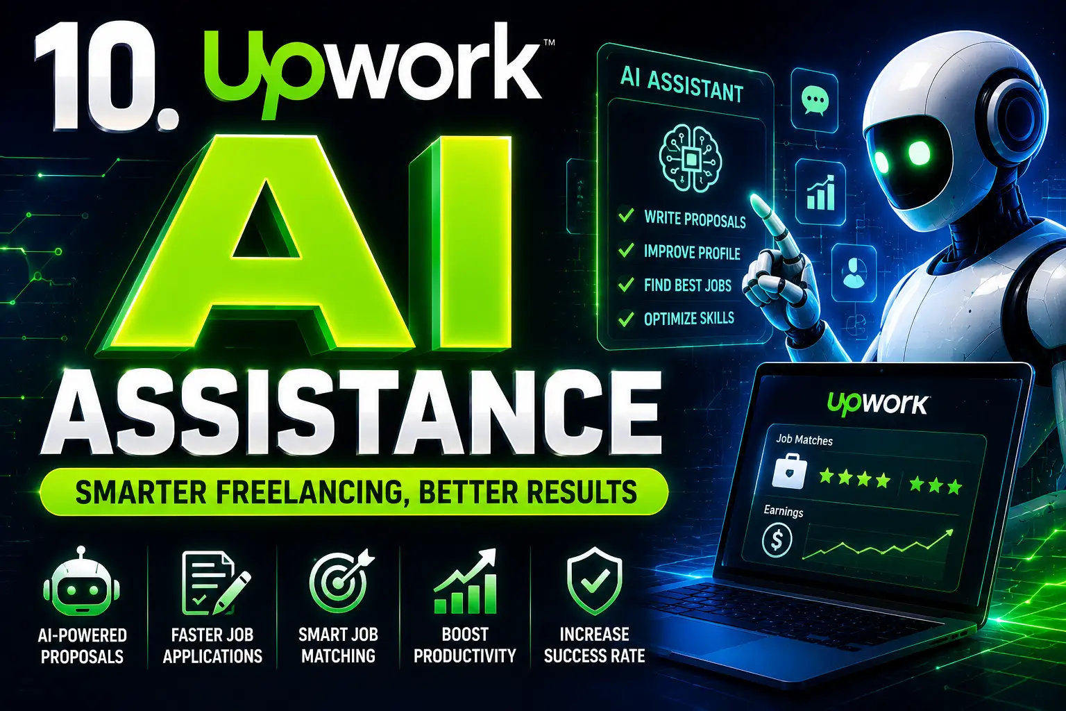 Futuristic Upwork AI assistance image for freelancing productivity and AI-powered workflow optimization