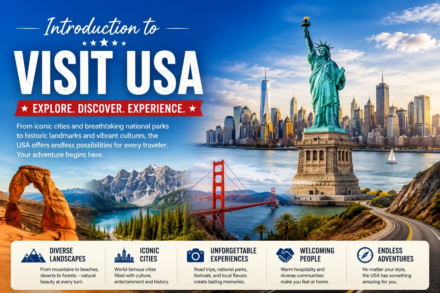 Introduction to Visit USA featuring Statue of Liberty, New York skyline, Golden Gate Bridge, mountains, and scenic American landscapes