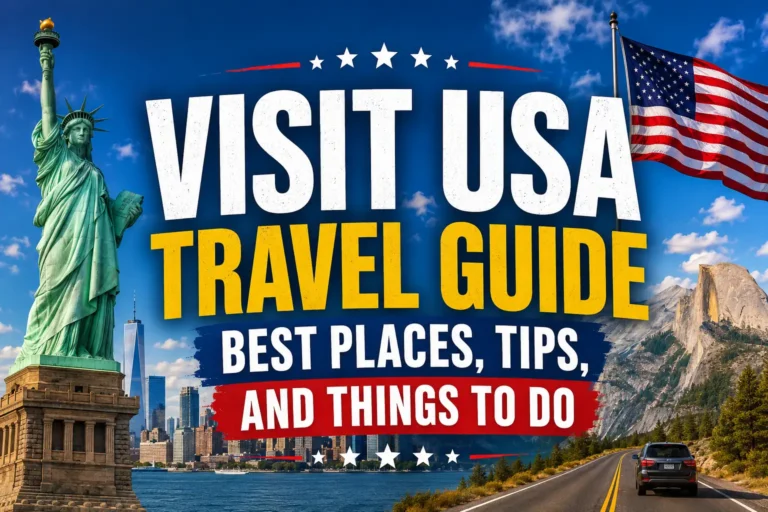 Visit USA travel guide featuring Statue of Liberty, American flag, New York skyline and scenic road trip
