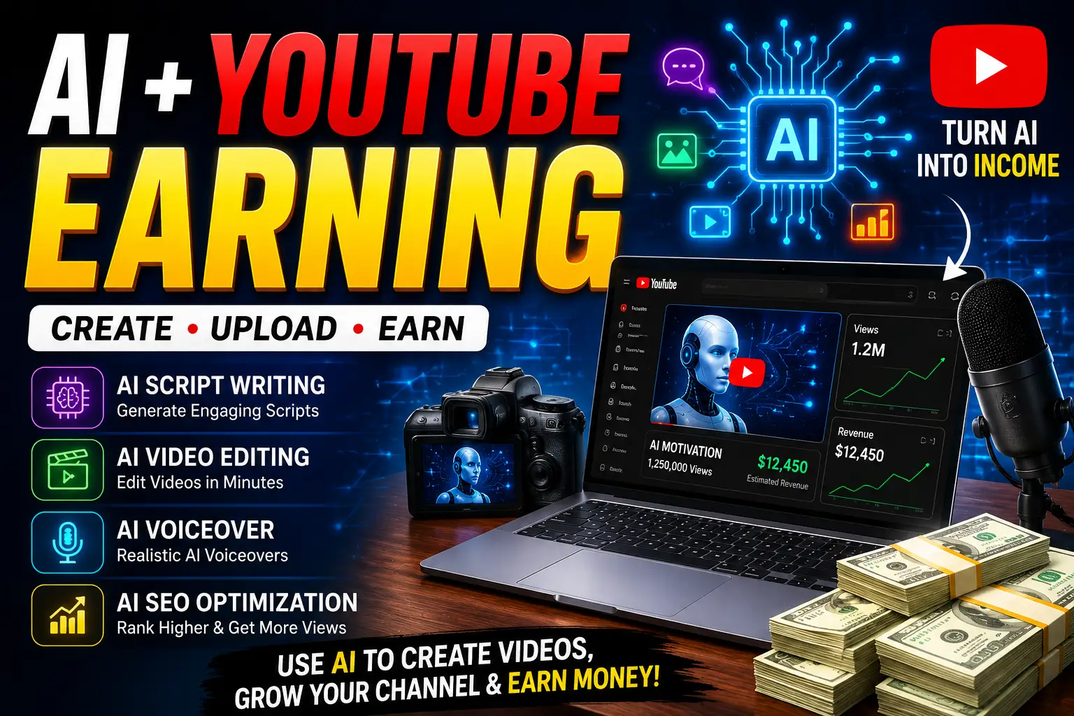 AI YouTube earning tools for content creation, automation, video editing, and online income growth