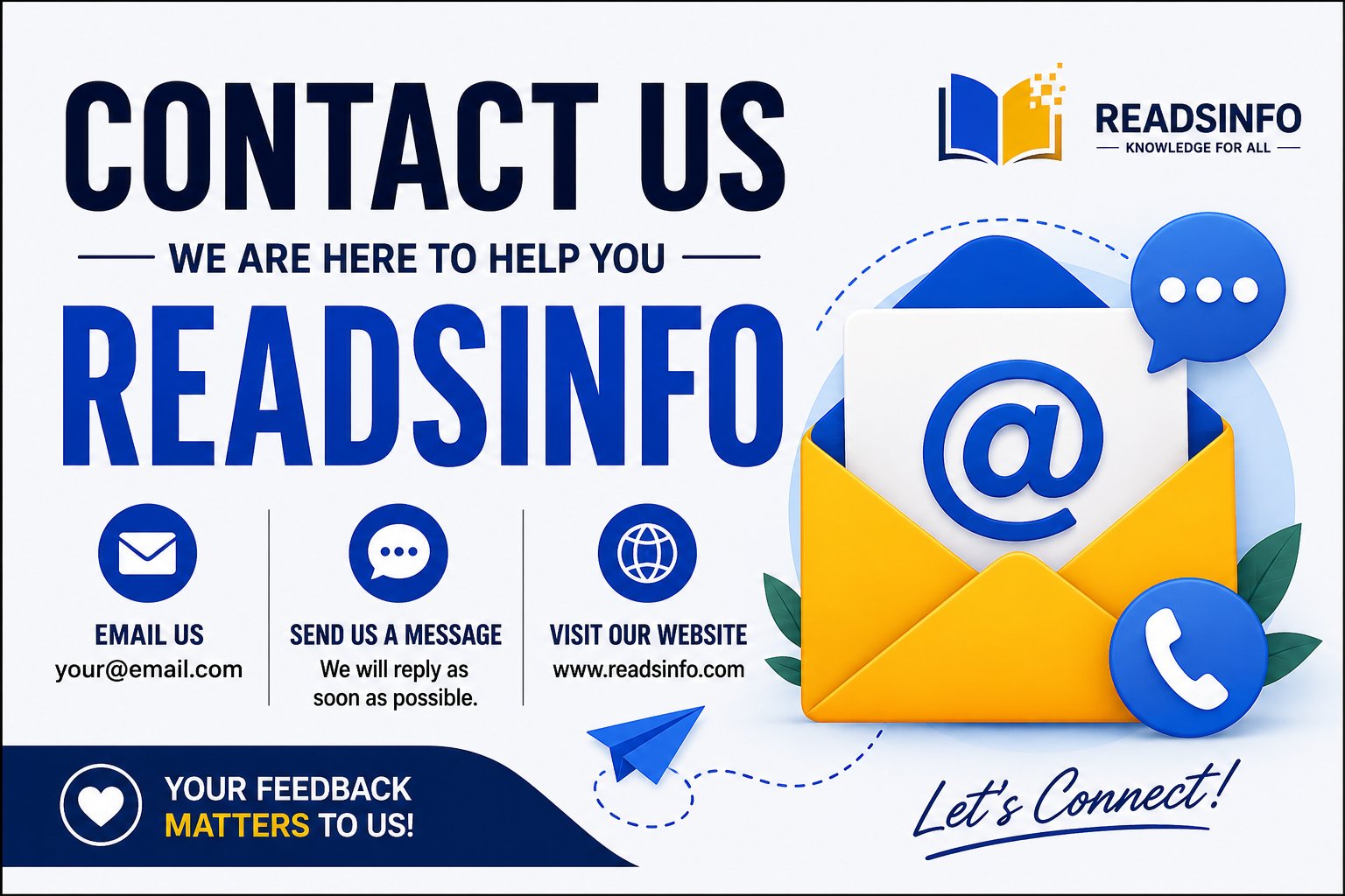 futuristic contact readsinfo banner with digital communication technology and support system