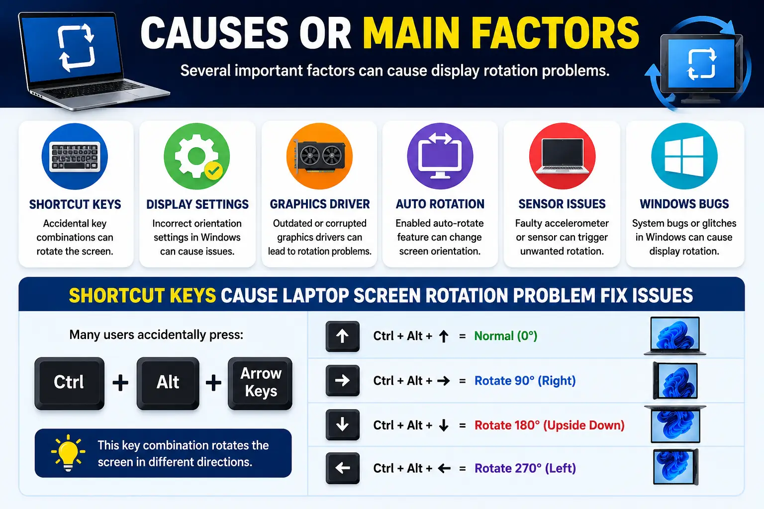 Laptop screen rotation fix guide showing common display orientation mistakes