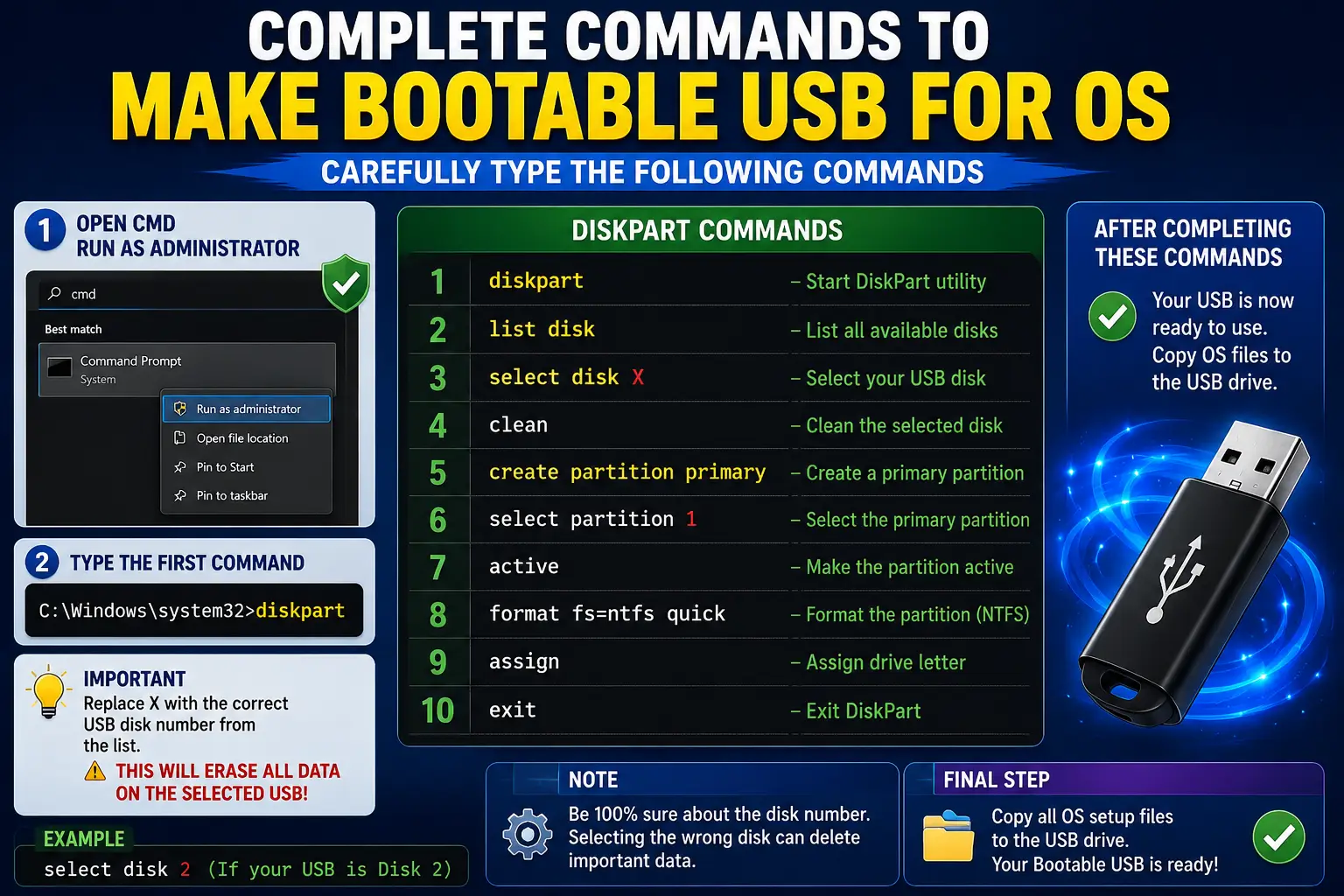 CMD DiskPart commands to make bootable USB for Windows