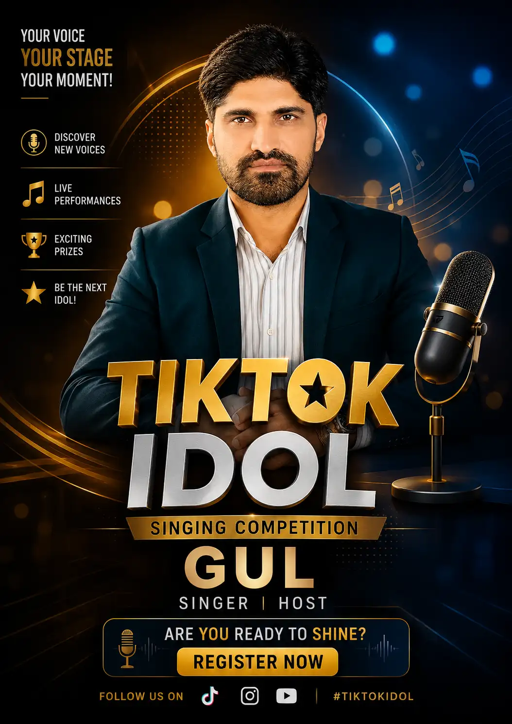 Digital music talent search campaign poster featuring glamorous singers, live microphones, and global audience visuals.
