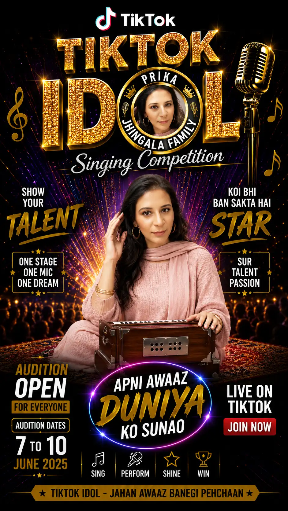 Stylish karaoke and music battle poster featuring singing performers, competition graphics, and entertainment branding.