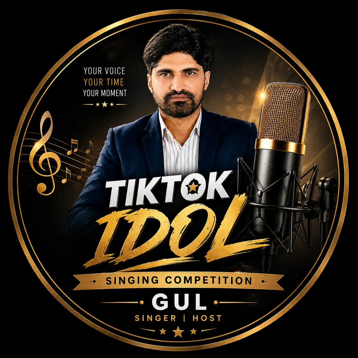 Modern international live music challenge banner with golden microphone, singers, and global entertainment theme.
